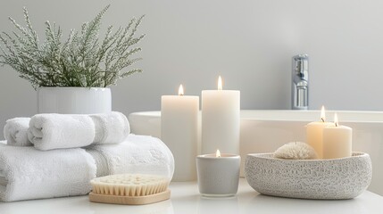 White background spa setup with towels, candles, and a bath, highlighting luxury and relaxation.