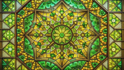 Vibrant green and yellow stained glass window with intricate geometric patterns and subtle lighting, exuding an air of mystical elegance.