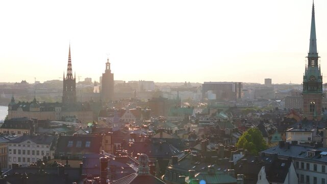 Drone trucking view of historic Gamla stan skyline in central Stockholm, Sweden