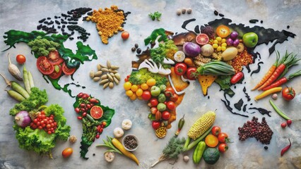 Vibrant top view of world map constructed from diverse food ingredients and colorful vegetables, highlighting global culinary diversity.