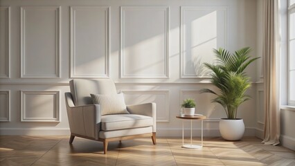 Fototapeta premium Serene minimalist living space with elegant armchair against blank white wall, flooded with natural light and warm ambiance.