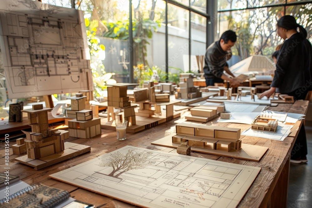 Poster creative engineers and designers collaborating on prototype with detailed sketches and 3d models und