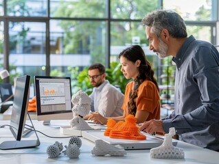 Collaborative Design in Modern Office: Team Using CAD Software for 3D Model Adjustments with Large Windows View