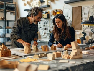 Fototapeta premium Dynamic Workspace: Creative Professionals Crafting Product Mockups with Innovative Materials Hands-On