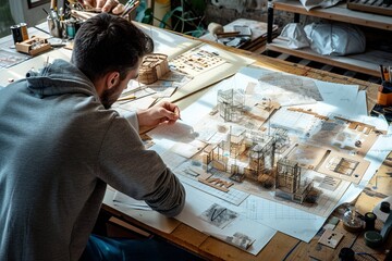 Innovative Engineers and Designers Collaborating on Prototype with Detailed Sketches and 3D Models under Natural Light