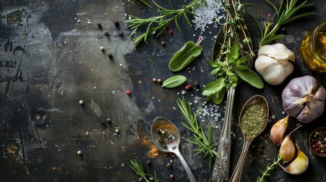 Spoon and ingredients on aged table