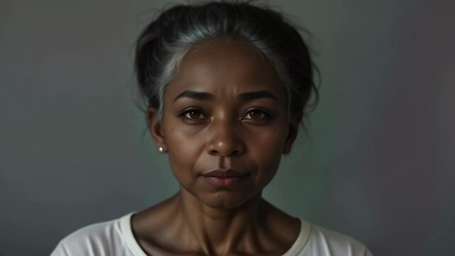 Portrait of African American young woman transforms into old wrinkled woman with gray hair, morphing. Age-related change, aging process