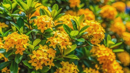 Vibrant yellow flowers of Choisya Aztec Pearl shrub bloom against lush green foliage on a sunny day outdoors naturally.