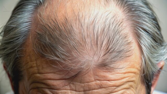 Balding scalp with significant hair loss, thinning areas, and visible patches of shiny skin, depicting aging and receding hairline issues.