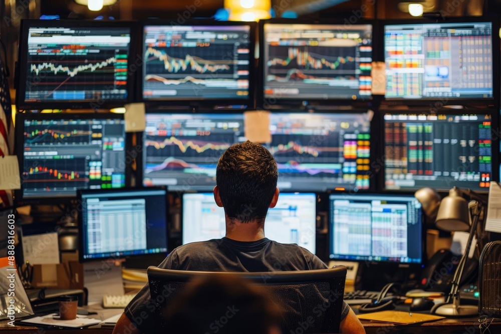Poster intense brokers analyzing stock market data at desks with multiple monitors