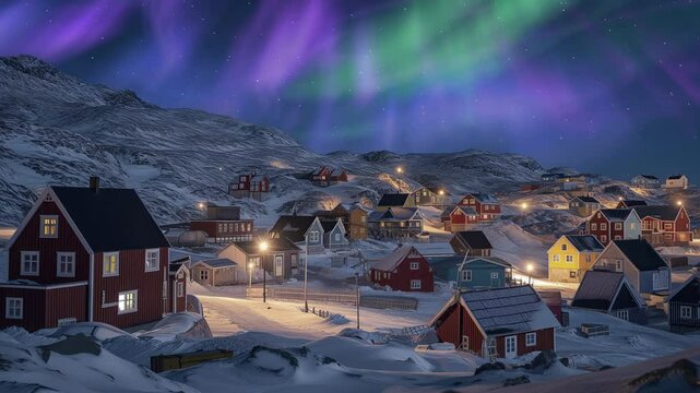 Greenland City of Nuuk Aurora Tilt Up Generative AI
