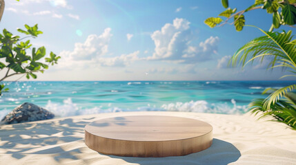 Obraz premium podium on the beach, summer beach background, product presentation stage
