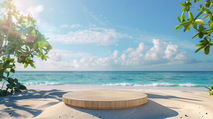 podium on the beach, summer beach background, product presentation stage