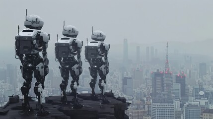 Naklejka premium Three robots standing on a rooftop overlooking a futuristic city