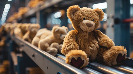 brown teddy bear on onveyor, manufacturing, doll factory, toy