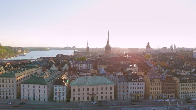 Gamla stan skyline with medieval architecture on Stadsholmen, sunset aerial view