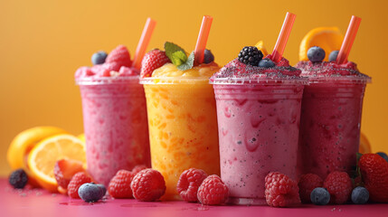 Bright and Surreal Images of Smoothies in Plastic Cups with Straws, Photographed from the Side with Blank Space for Text or Advertising