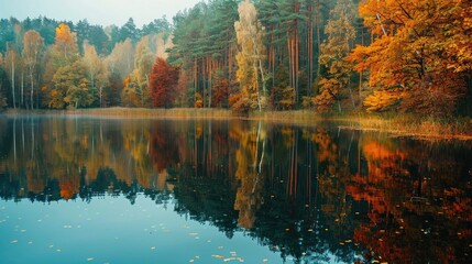 Fototapeta premium Reflection of autumn forest in lake at calm evening