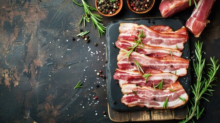 Rustic top view of fresh bacon slice as appetizer meal on table