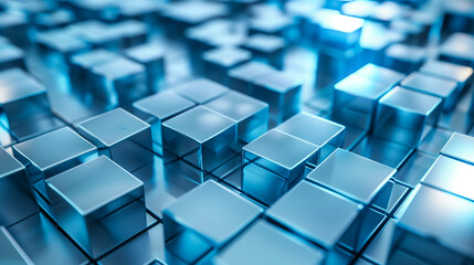 Modern 3D abstract art featuring blue reflective blocks