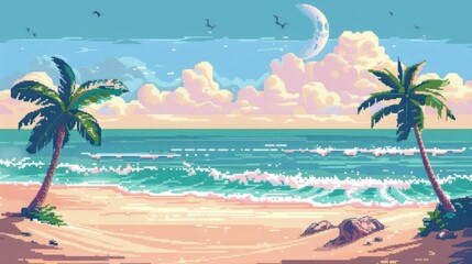 Obraz premium Beautiful tropical beach landscape with palm trees, ocean waves, and a serene sky, ideal for vacation and travel concepts.