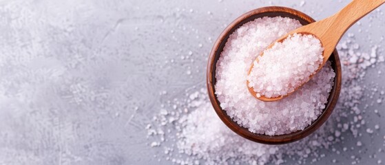  A wooden spoon holding an generous amount of sugar atop stacked piles, each comprised of sugar