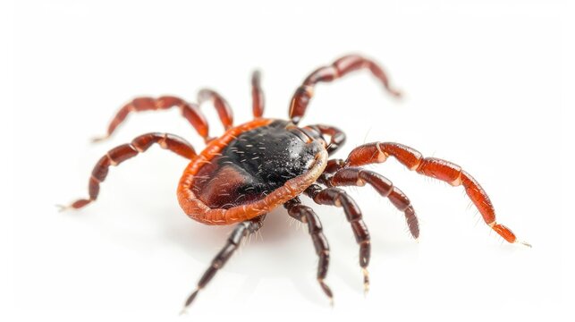 Small deer tick with scale on white background Ixodes ricinus or scapularis Larva stage insect filled with blood close up shot Diseases transmitted by ticks