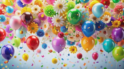 A warm and colorful background with confetti, balloons, and flowers, conveying a sense of joyful celebration and happiness.