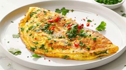 Thai Style Egg Omelette with Coriander Garnish on White Plate
