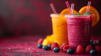 Bright and Surreal Images of Smoothies in Plastic Cups with Straws, Photographed from the Side with Blank Space for Text or Advertising