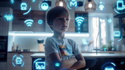 Embracing the Future: Child Surrounded by Smart Home Technology Integration in Futuristic Home Setting