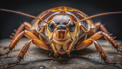 Macro shot of a brown American cockroach's shiny exoskeleton, antennae, and beady eyes on a dark stone surface texture.