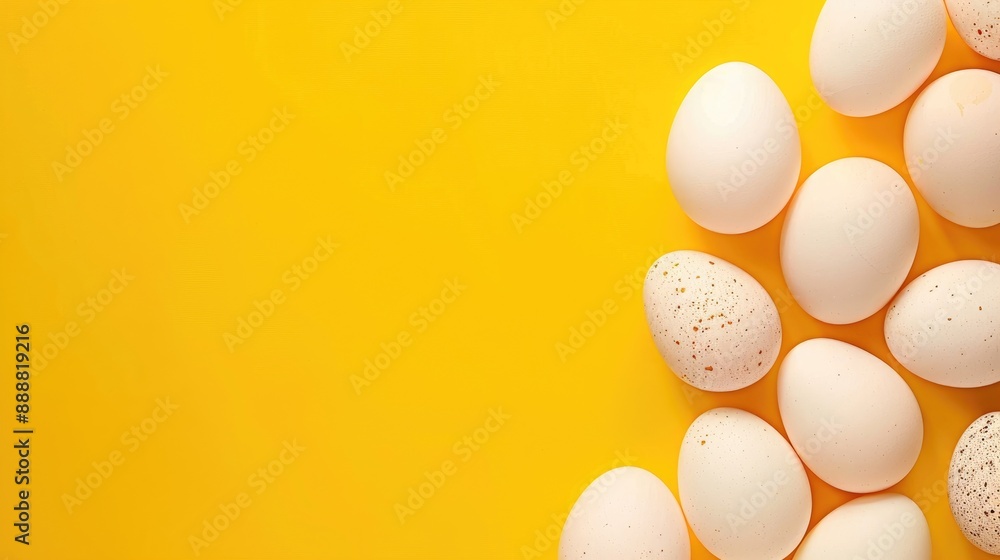 Poster top view of raw chicken eggs on yellow background with text space