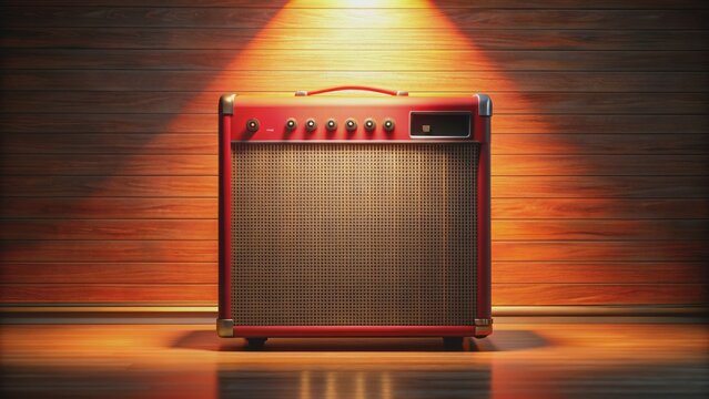 Vintage guitar amplifier adorned with vibrant red vinyl tolex protective covering, surrounded by subtle shadows and warm ambient lighting.
