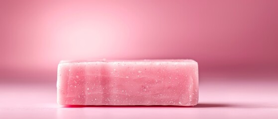  A pink soap bar, closely framed against a pink background, features a solitary drop of water balancing atop it