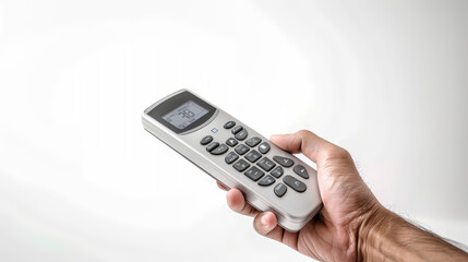 A hand holds an air conditioner remote control with a digital display and buttons, against a white backdrop