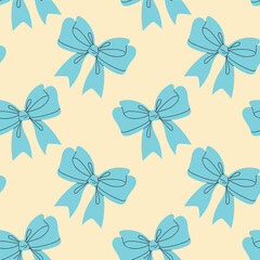 Blue bows are arranged in a repeating pattern on a light yellow background.