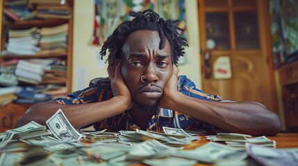 Fototapeta premium Man Leaning on Cash Pile
