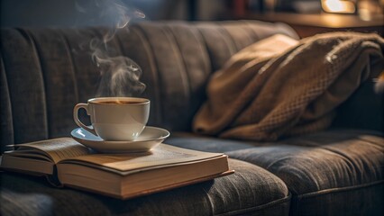 A Cup of Hot Tea, a Book, and a Warm Blanket Representing Comfort, Relaxation, and the Perfect Winter Afternoon Indoors