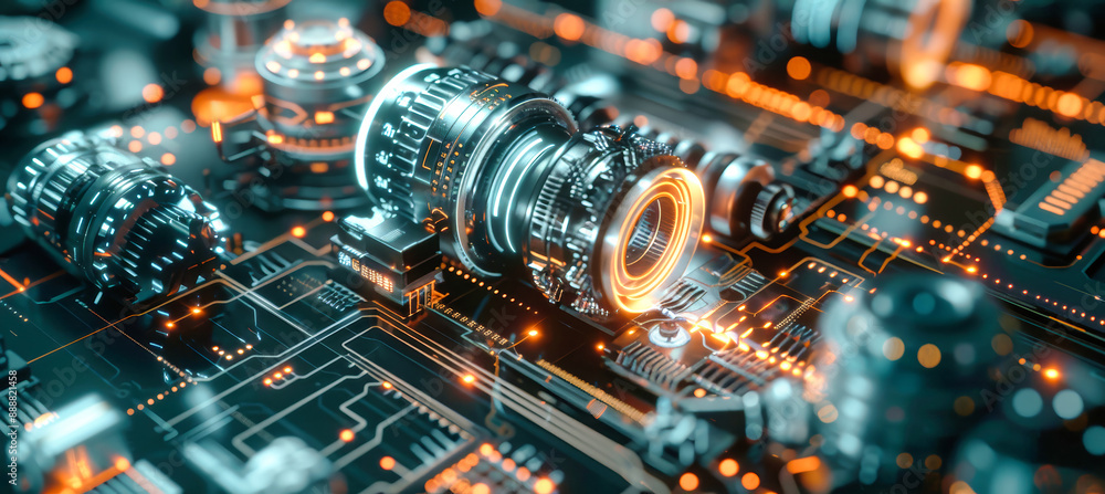 Poster a 3d rendering of a futuristic machine gear mechanism, with holographic diagrams and graphs, illumin