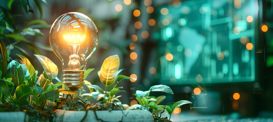 A light bulb symbolizing clean energy and green technology resting on a healthy potted plant, showcasing the harmony between nature and innovation