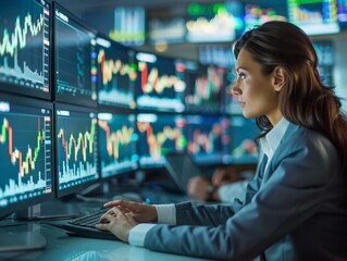 Diverse Group of Analysts Tracking International Stock Trends in Vibrant Office Setting with Advanced Technology