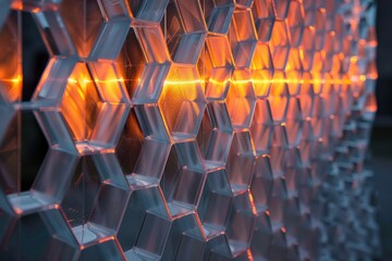 Obraz premium Honeycomb up close with vibrant orange flames in the background, Glowing geometric grid, AI generated