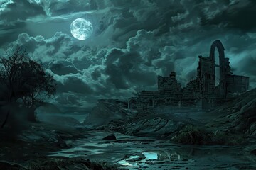 Ancient ruins under a full moon in a dark and stormy night