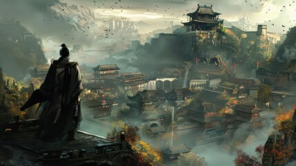 Samurai overlooking a mystical Chinese city