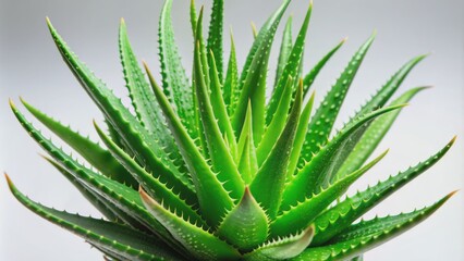 Obraz premium Vibrant green aloe vera plant with thick fleshy leaves and thick stem standing against a plain white background naturally lit.