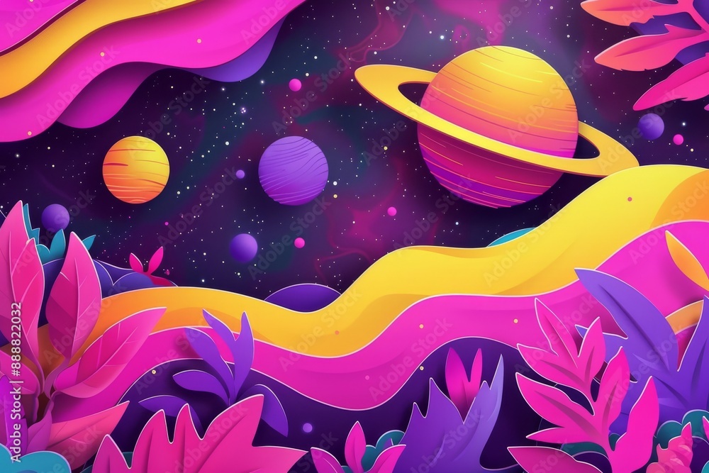 Poster vibrant and colorful space scene with planets stars and cosmic waves creating a lively and dynamic a