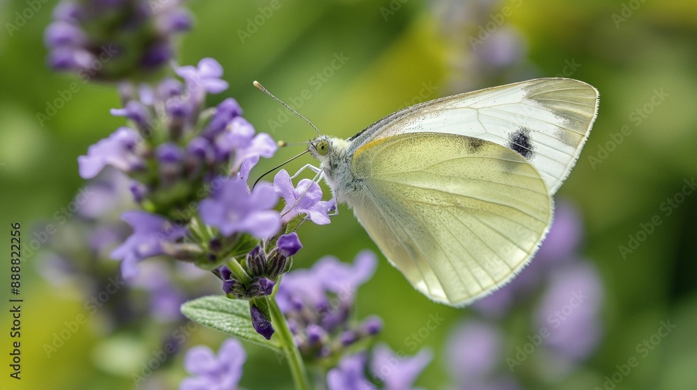 Poster close-up of a white butterfly on a purple flower in a garden