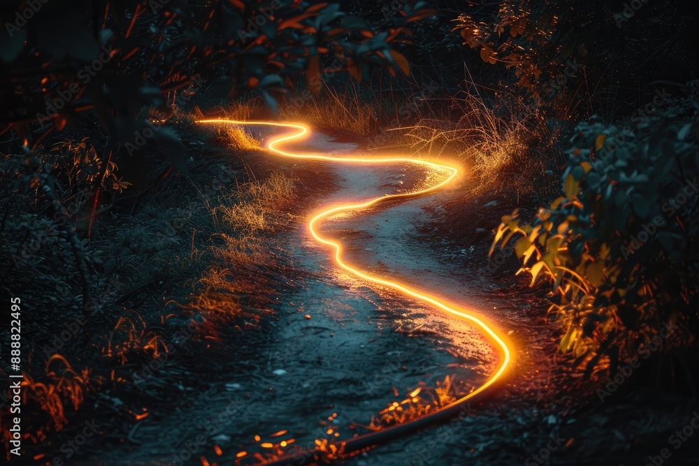 Poster a serene forest path illuminated by glowing lights, creating a magical and enchanting atmosphere, gl