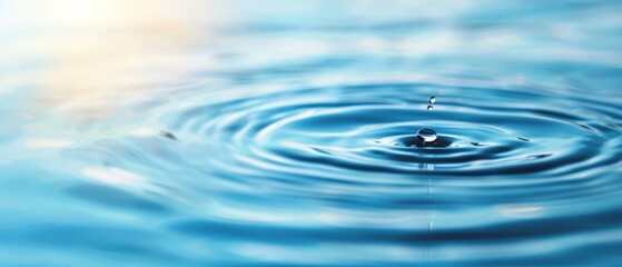  A tight shot of a water droplet hovering above mirror-like water Behind it, a blue sky dotted with fluffy clouds